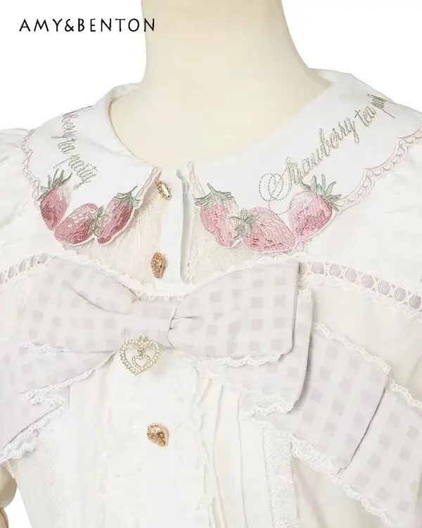 

Рубашка с коротким рукавом и вышивкой клубники Liz Lisa в японском стиле Лолита, с милым воротником-стойкой, универсальный внутренний топ