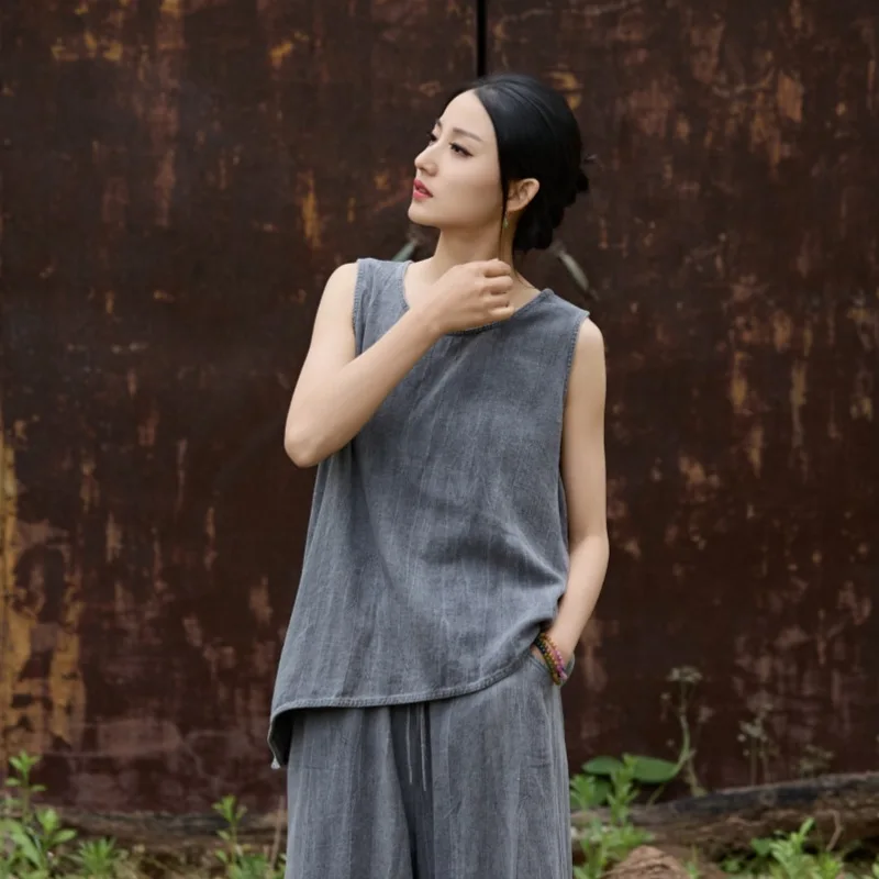 

Summer Cotton Linen Tie-Dye Vest Floating Loose Slim Literary Women's Sleeveless T-shirt Chinese style