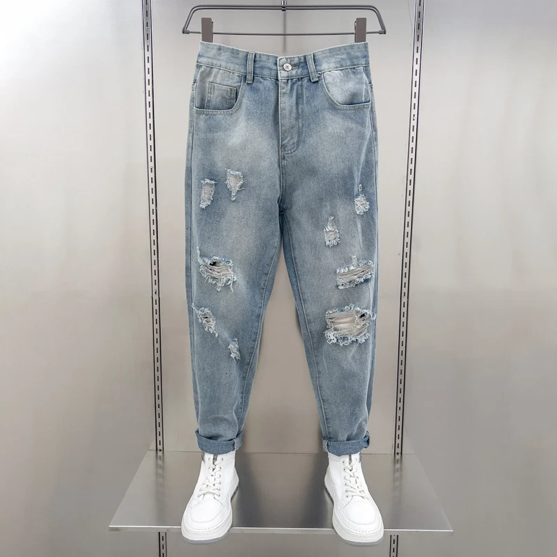 

Новые весенние мужские джинсы Slim Fit с рваными элементами на коленях, светлые, в трендовом корейском и японском стиле, длинные брюки для повседневной носки...