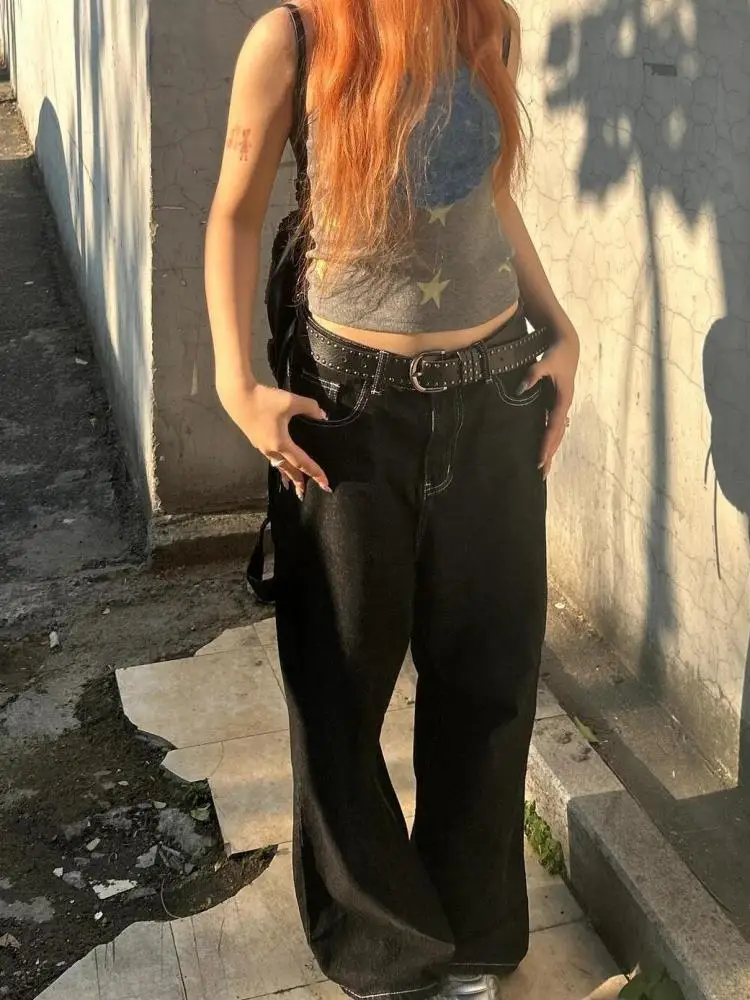 بنطلون جينز أمريكي عتيق مطرز بأرجل واسعة فضفاض على الموضة الكورية للنساء من قماش الدنيم 2000s Y2k بنطلون أنيق للأصدقاء #4