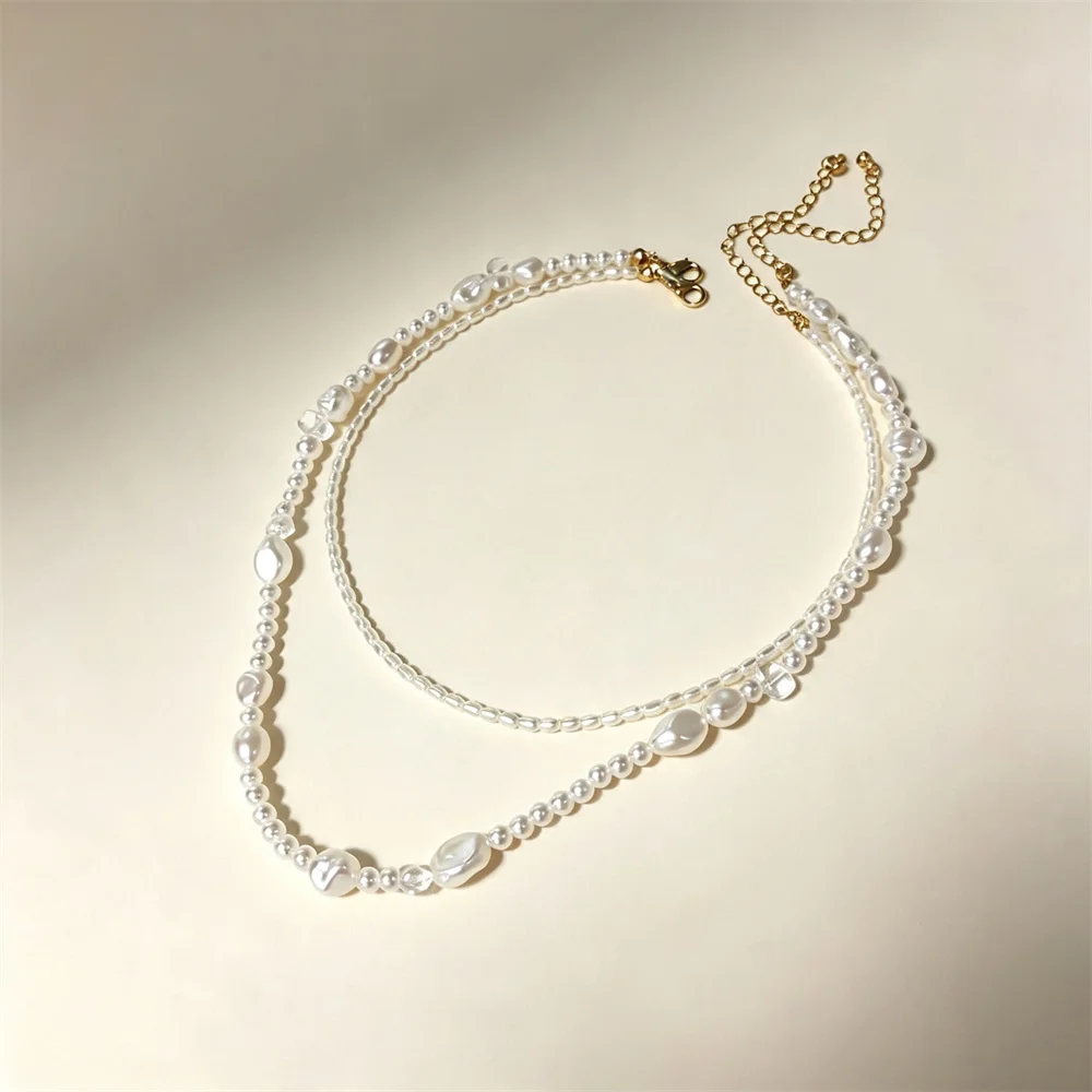 Two Layer Stacked Baroque Pearl Choker Necklace Irregular Mixed Size Pearl with Clear Crystal Beads Elegant French Jewerly