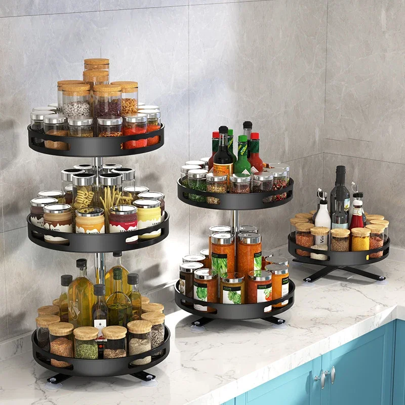 Rotating Spice Racks Kitchen Storage Holders Non-Skid Carbon Steel Storage Tray for Seasonings Spices Jar Kitchen Organization