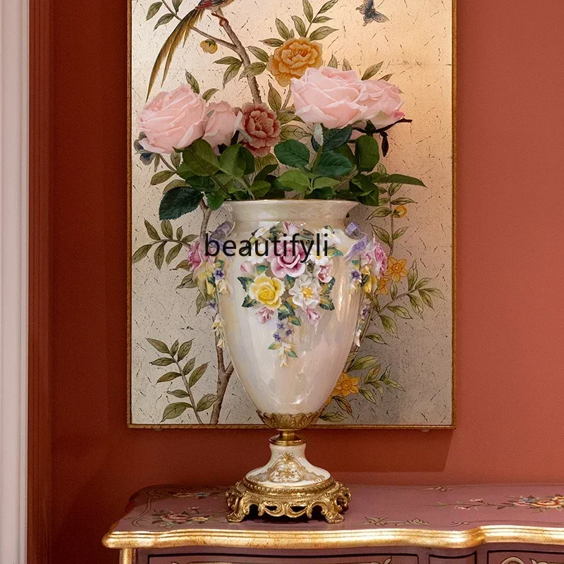 BJ Whole House Furniture French-Style Ceramic With Copper Shell Glaze Hand-Kneaded White Decoration Living Room Desktop Vase