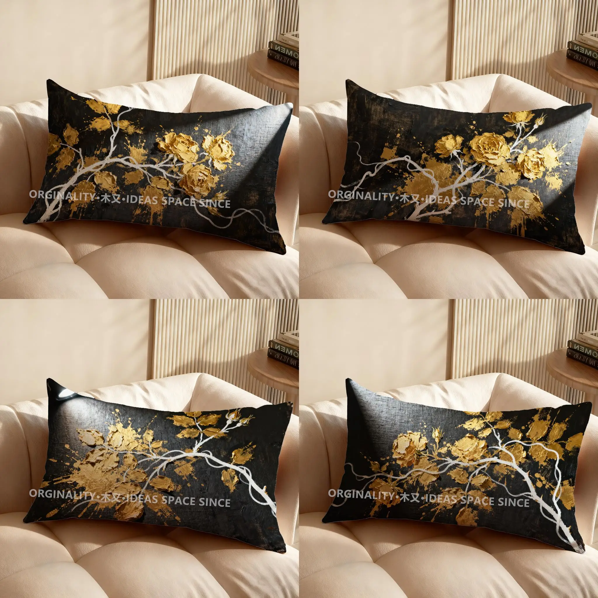 

2D-подушка с золотыми цветами на черном фоне, подходит для дивана, спальни, автомобиля, прямоугольная подушка для спины.