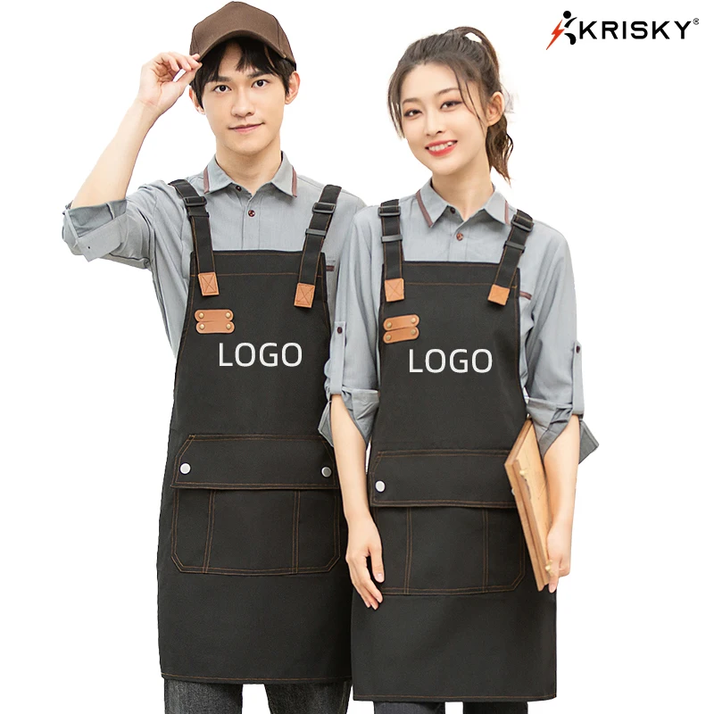 High Quality Workwear Adjustable Unifrom Clothes Aprons With Leather Patch Big Multi Pockets Custom Logo Waterproof Canvas Apron