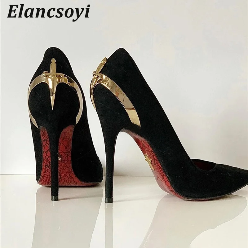 Pumps Women Suede Metal Pointed Toe Super High Heel Shallow Mouth Thin Heel Single Shoes Spring Autumn Sexy Party Banquet Shoes