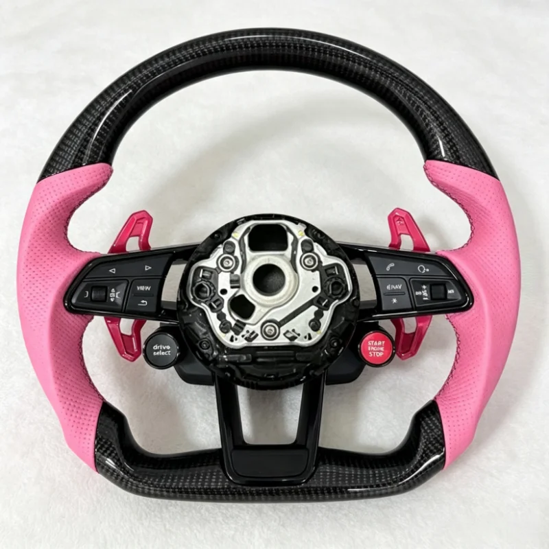 Carbon Fiber Steering Wheel For Audi R8 TT TTS TTRS Customized One Start Buttons Sport Wheel Assembly 2016-2023 Pink Leather