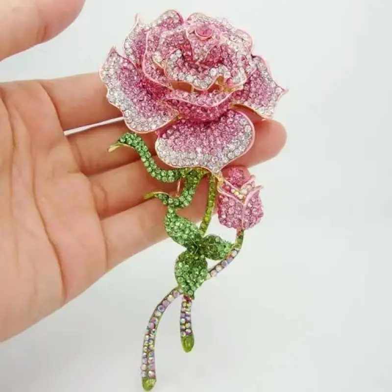 Exquisite Shiny Pink Zircon Crystal Rose Flower Brooch for Women Wedding Outfit Pin Girls Dinner Party Dress Accessories