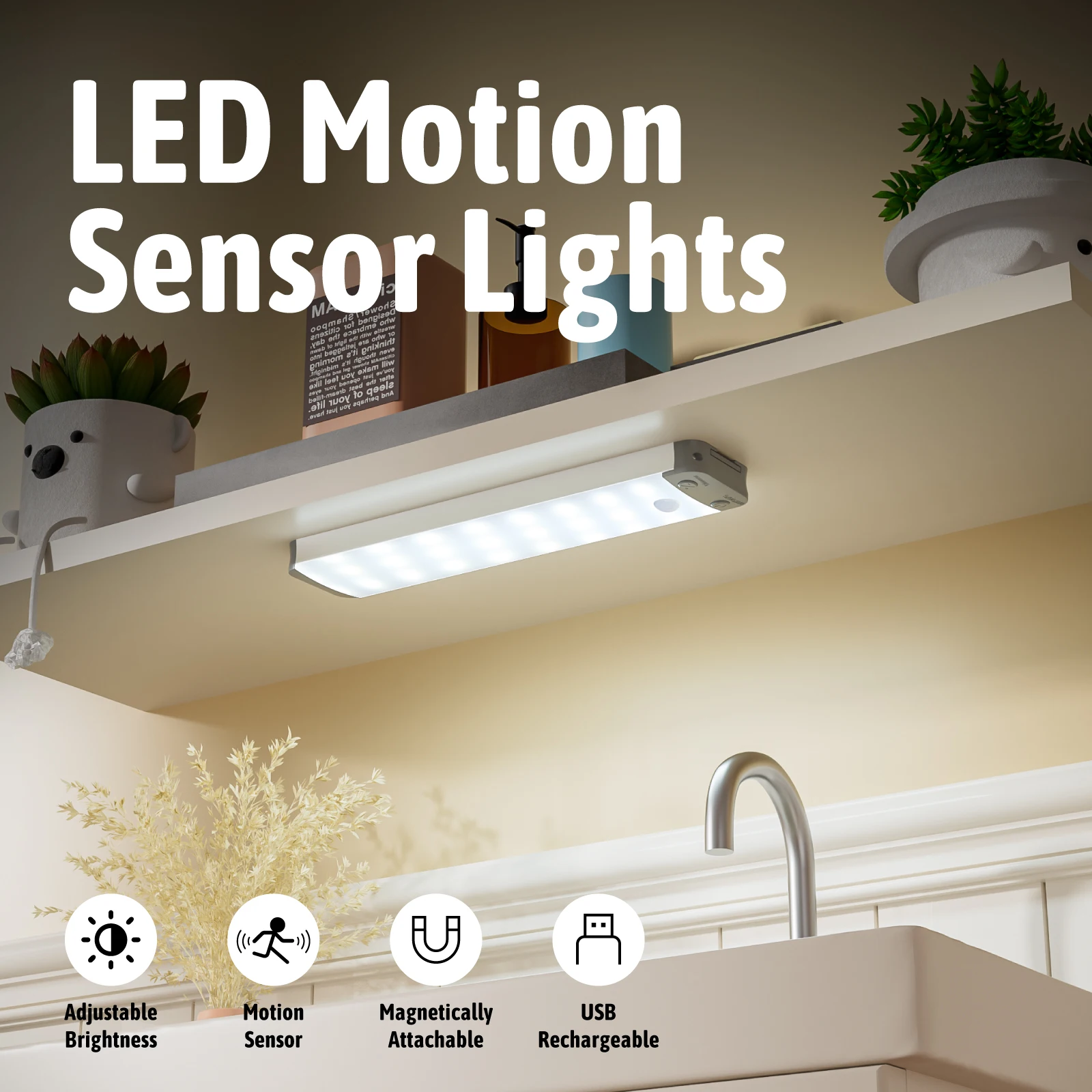 

LEPOTEC 1 шт. 30 светодиодов под шкафом, светодиодный светильник с датчиком движения, перезаряжаемый магнитный ночник, для различных комнат, кухни