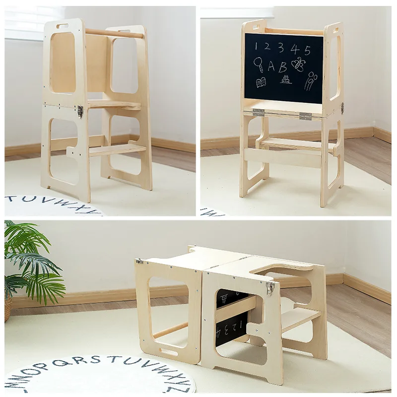 Taburete de paso de cocina con riel de seguridad para niños pequeños, torre de aprendizaje plegable de madera con pizarra