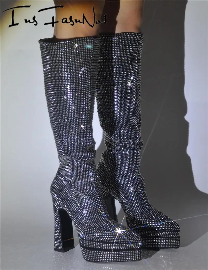 Street Style Women Knee High Boots Crystal Platform High Heel Fashion Rhinestone Boots Ladies Wedding Strass Shoes High Heels