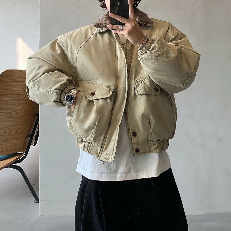 Mens American Vintage Heavyweight Winter Jacket Short Thick Padding Lapel Collar Streetwear Trendy Korean Thermal Warm Coat Male