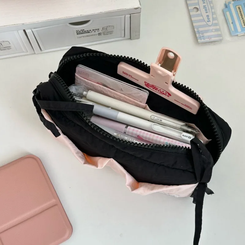 1 Piece Cute Korean Fashion Bow Pencil Case Soft Fabric Casual Large Capacity Stationery Case Portable School Pen Bag Student image 4
