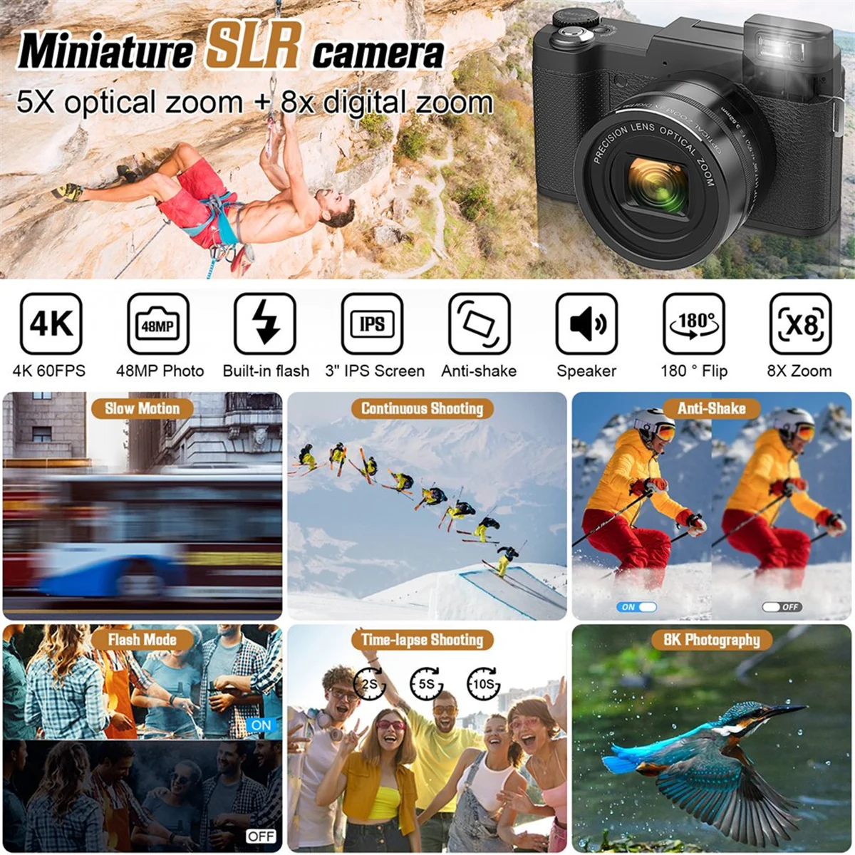 4K 48MP Camera Photo Camera with 5X Optical Zoom & 8X Digital Zoom, Autofocus Compact Camera