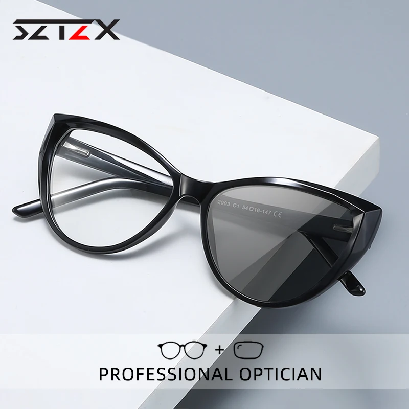 SZTZX Fashion Cat Eye Photochromic Reading Glasses For Women Anti Blue Light Myopia Glasses Prescription Optical Eyeglasses