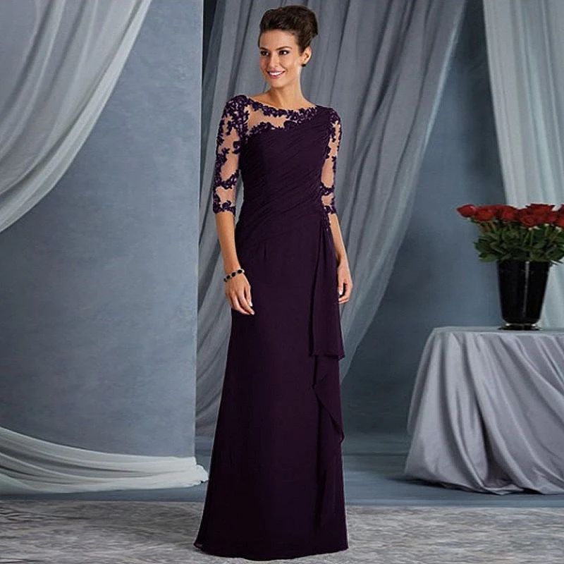 Robe mère de la mariée bleu bordeaux, manches 3/4, Appliques en mousseline, robes formelles de fête de mariage, robes de bal pour mères, grande taille