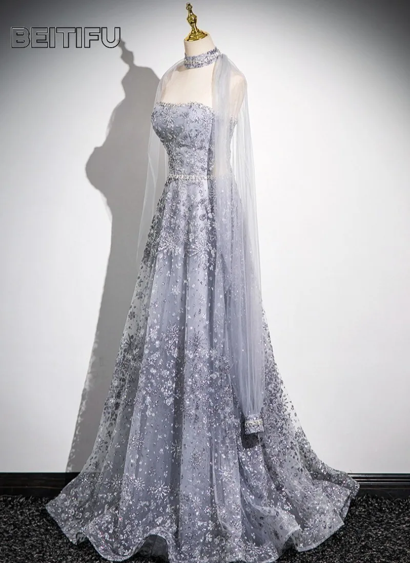 Women's Evening Dress Elegant Off The Shoulder Long-sleeved Heavy Sequins Banquet Ball Gown Dresses for Women Vestido De Fiesta