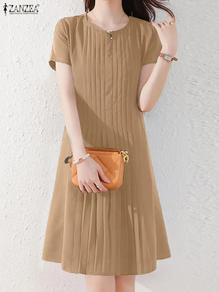 2025 ZANZEA vestido de verano para mujer, bata de manga corta hasta la rodilla, vestido elegante liso de corte A OL, vestido veraniego de trabajo, vestidos elegantes de oficina para mujer