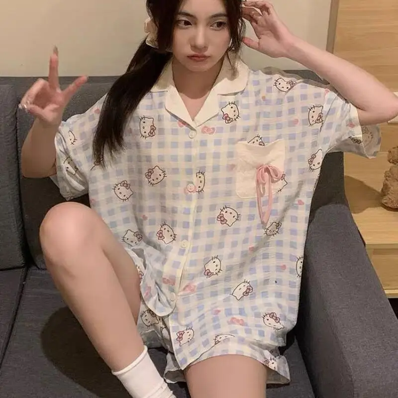 

Sanrio Hello Kitty Nighty for Woman Summer Pajamas Set Shorts Short Sleeve Sleepwear Kawaii Cartoon Nightgown Casual Home Suit