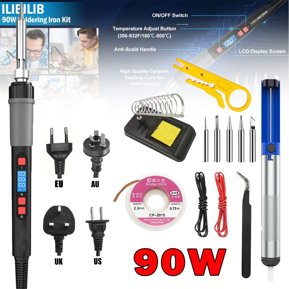 ILIBILIB 90W Solder Iron 110V-240V LCD Digital Thermostat 180-500°C Fast Heating 6-In-1 Professional Welding Kit