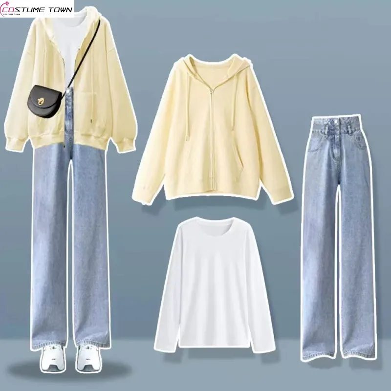 Autumn/Winter Women\'s Set Korean version loose and thick hooded jacket+T-shirt+denim wide leg pants three piece set