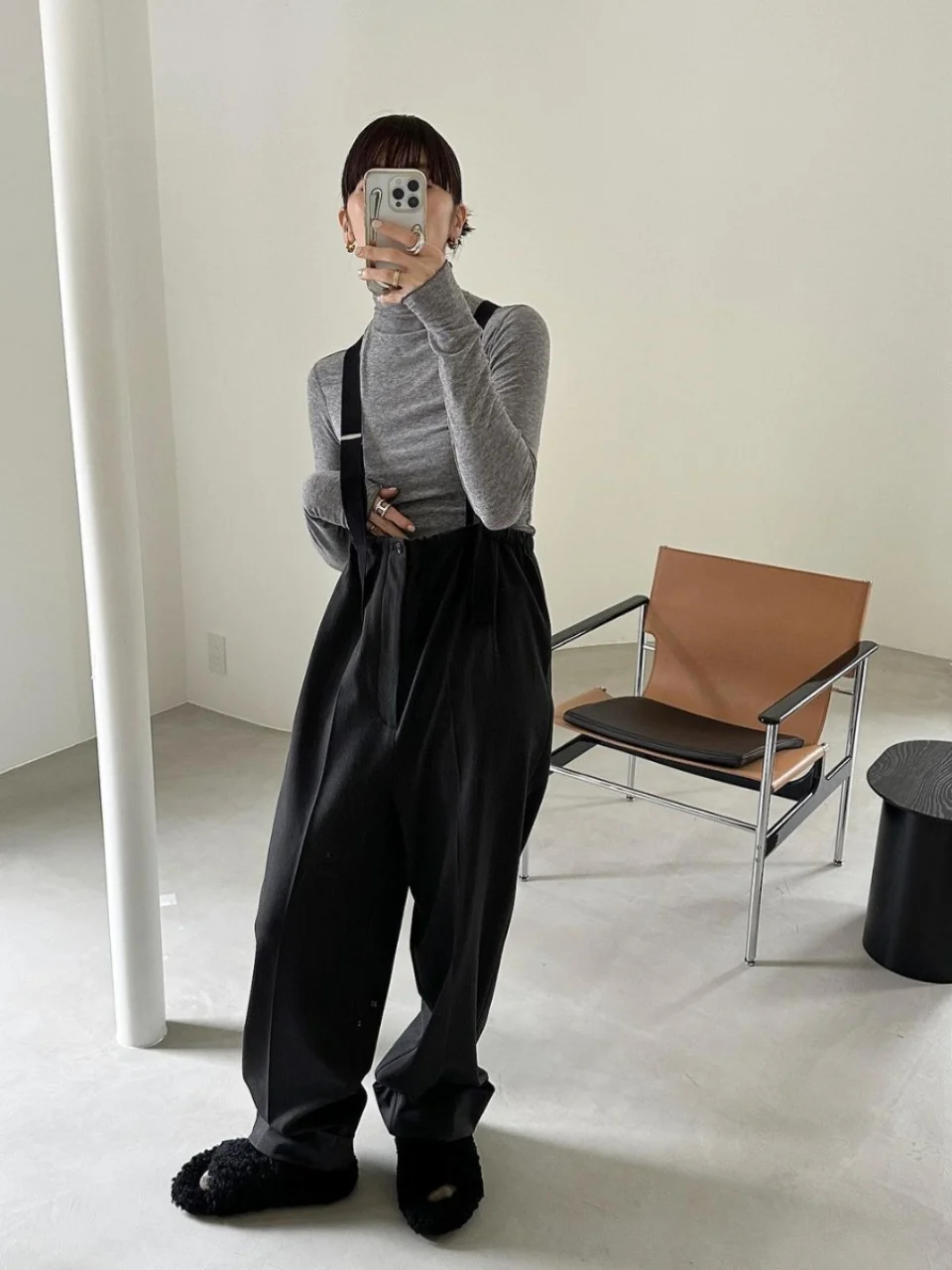 Retro Commuter OL Shoulder Strap Trousers Woolen Cuffed Loose Straight Casual Pants High Waist Ladies Fashion Autumn Winter