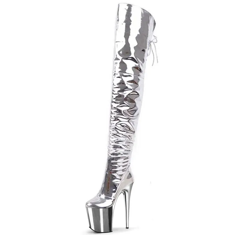 15CM Super Stiletto Heels Silver Crystal Platform Small Size Over The Knee Boots Clubbing Stripper Queen 6 Inches Fashion Mature