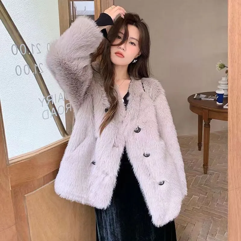 

Faux Fox Fur Coat for Women, Short Outwear, Double Breasted, Casual Outwear, Female Temperament, High-End, Fashion, Winter, New