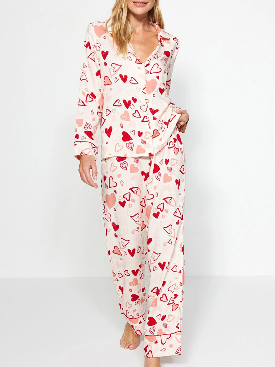 Women s Valentine s Day Lounge Set Long Sleeve Button Up Heart Print Tops Pants Sets