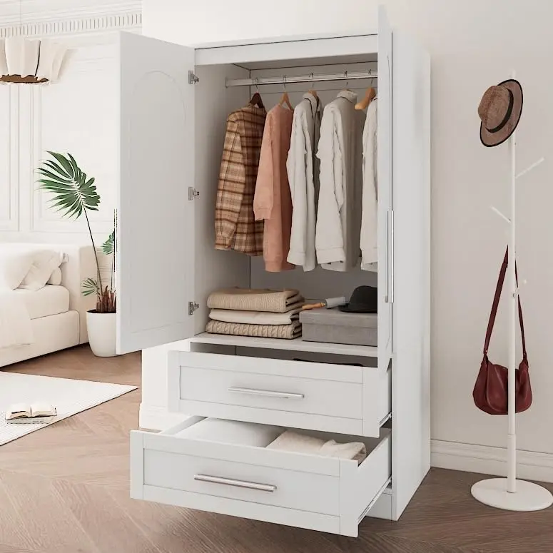 Wooden Armoire Wardrobe Closet with 2 Drawers, Clothing Storage Cabinet with Shelves Aluminum Hanging Rod, Modern Bedroo