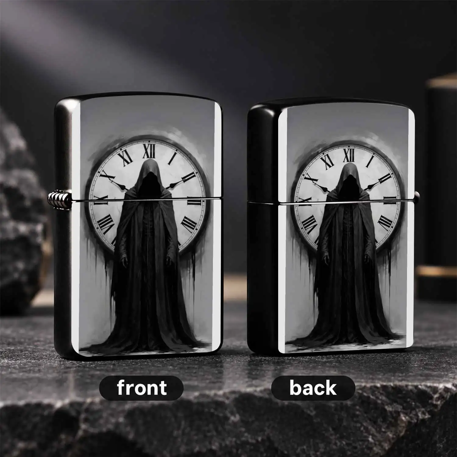 Portable Ignition Accessory With Dark Gothic Faceless Time Keeper Print, Retro Roman Numeral Clock Themed Unique Decor, Stylish Practical Collectible Gift For Daily Use, Gatherings And Creative Display For Art Lovers A Humorous And Interest