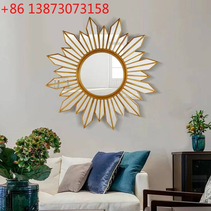 

American creative luxury wall-mounted decoration mirror living room entrance wall-mounted non-wrought iron sun-shaped mirror