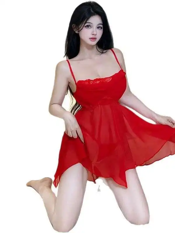 Seksowna, dojrzała, siateczkowa, prześwitująca koszula nocna, piżama w stylu \"pure desire\", elegancka czerwona, słodka mini sukienka na ramiączkach, koreańska damska J69G