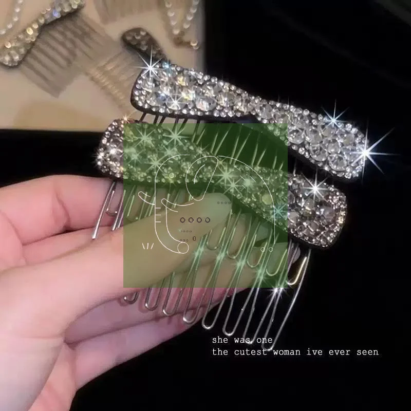 Cute Rhinestone Bow Bangs Upside Down Comb Shiny Delicate Hairpin for Young Girls School Outing Hair Styling Accessory