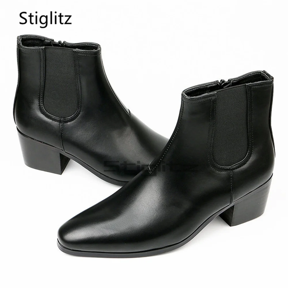 

Black High Heels Chelsea Boots for Men Pointed Toe Slip On Boots Pu Leather Side Zip Ankle Boots Male Britihs Business Shoes
