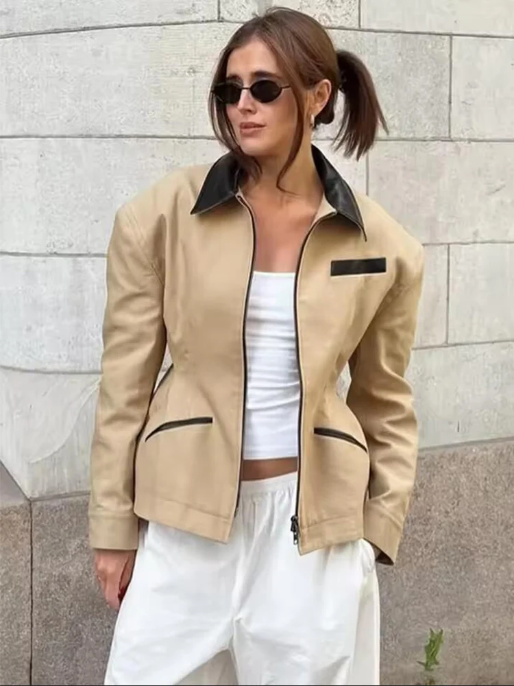 

Fashion Turn-down Collar Women's Jacket Elegant Long Sleeve Zipper Color Matching Coat Lady Autumn Chic Casual Holiday Jackets