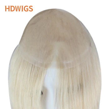 여성용 Toupee HDWIGS 100% 진짜 인모 가발, 전체 PU 얇은 피부 헤어 시스템, 부드러운 인모, 자연스러운 금발 머리