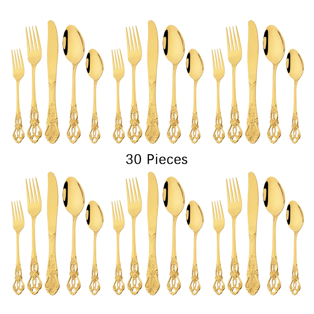 30Pcs Retro Gold Dinnerware Set Mirror Knife Dessert Fork Spoon Cutlery Set Stainless Steel Flatware Western Kitchen Tableware