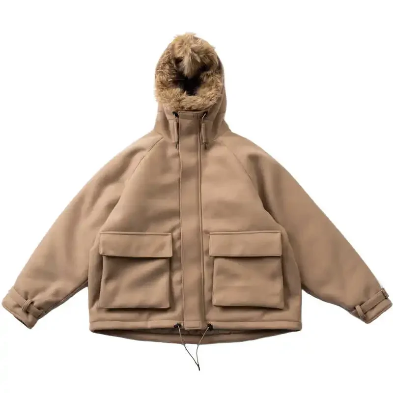 

New Japanese Minimalist Fabric with Detachable Fur Collar Three-dimensional Cutting Loose Fit Cotton Jacket for Men and Women