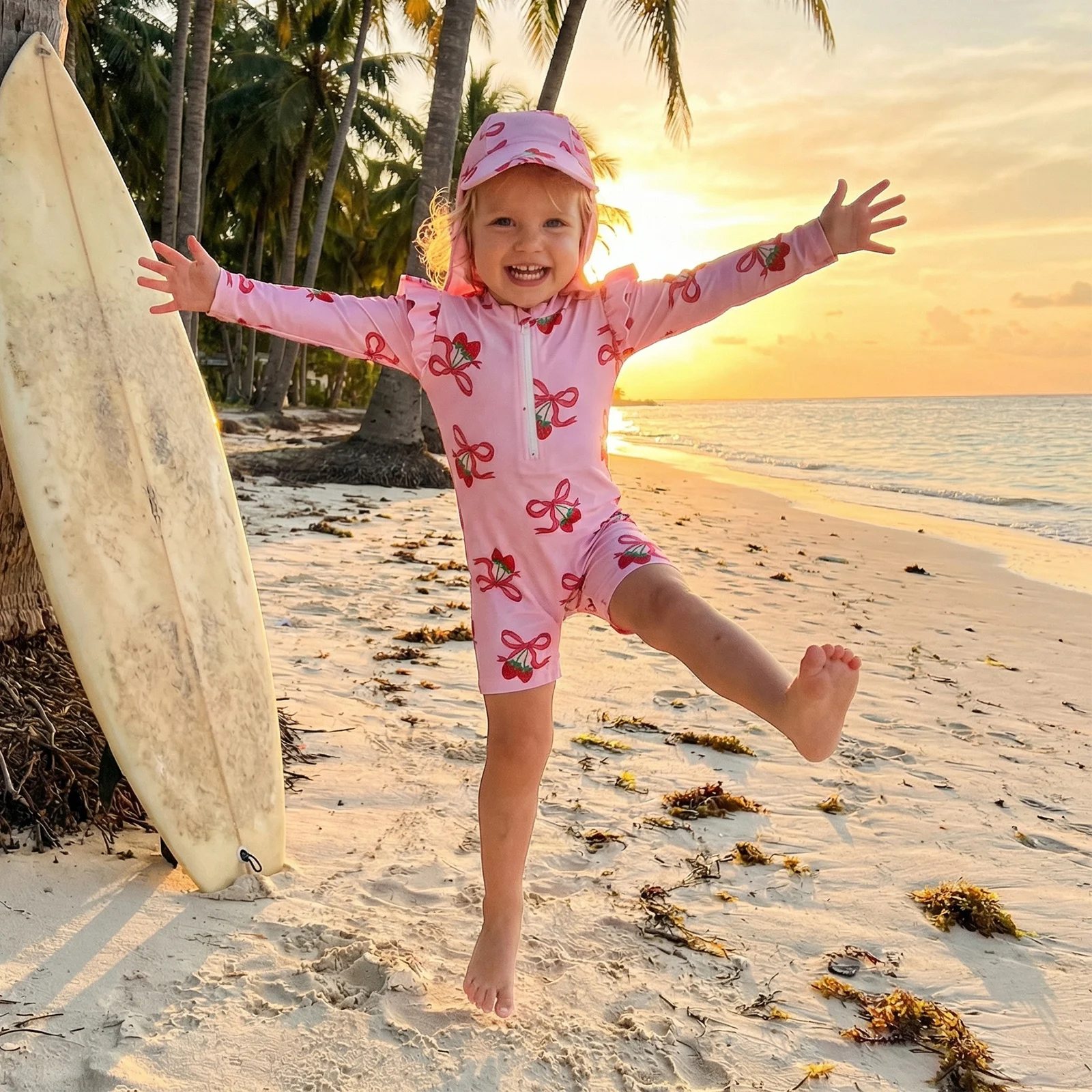 Toddler Baby Girl Rash Guard Swimwear Cute Bow Strawberry Print Long Sleeve Swimsuit Romper with Hat Beachwear 2Pcs Set
