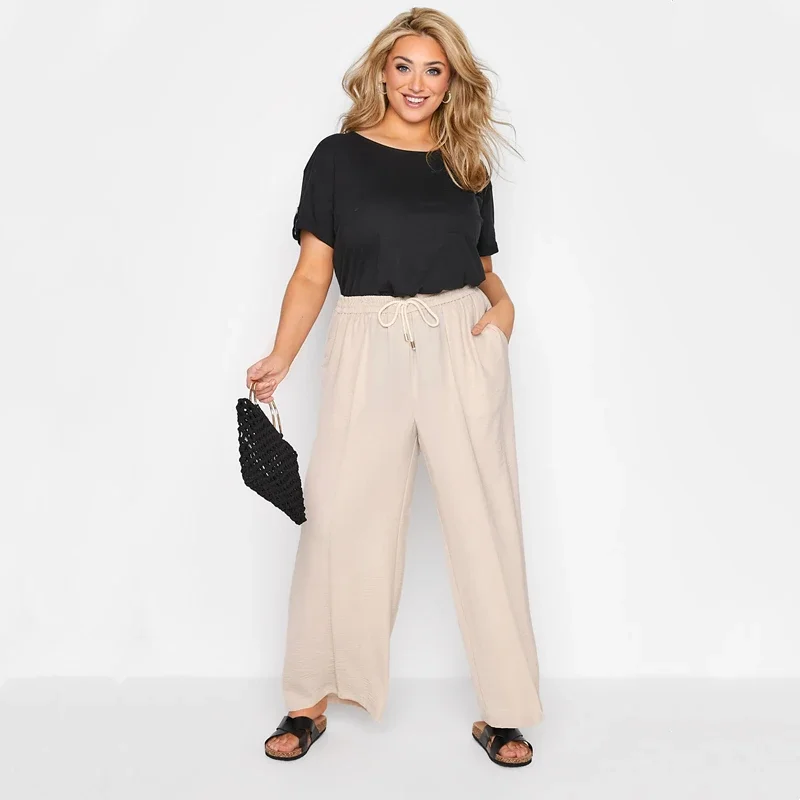 Plus Size Elastic Drawstring Waist Summer Loose Elegant Wide Leg Pants Pocket Side Lightweight Casual Straight Trousers 6XL 7XL