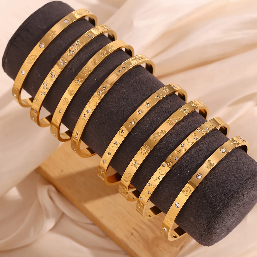 E.B.belle Stainless Steel PVD Plating Waterproof Hypoallergenic Gold Color Shell Sea Animal Star Moon Cuff Bangles Bracelets