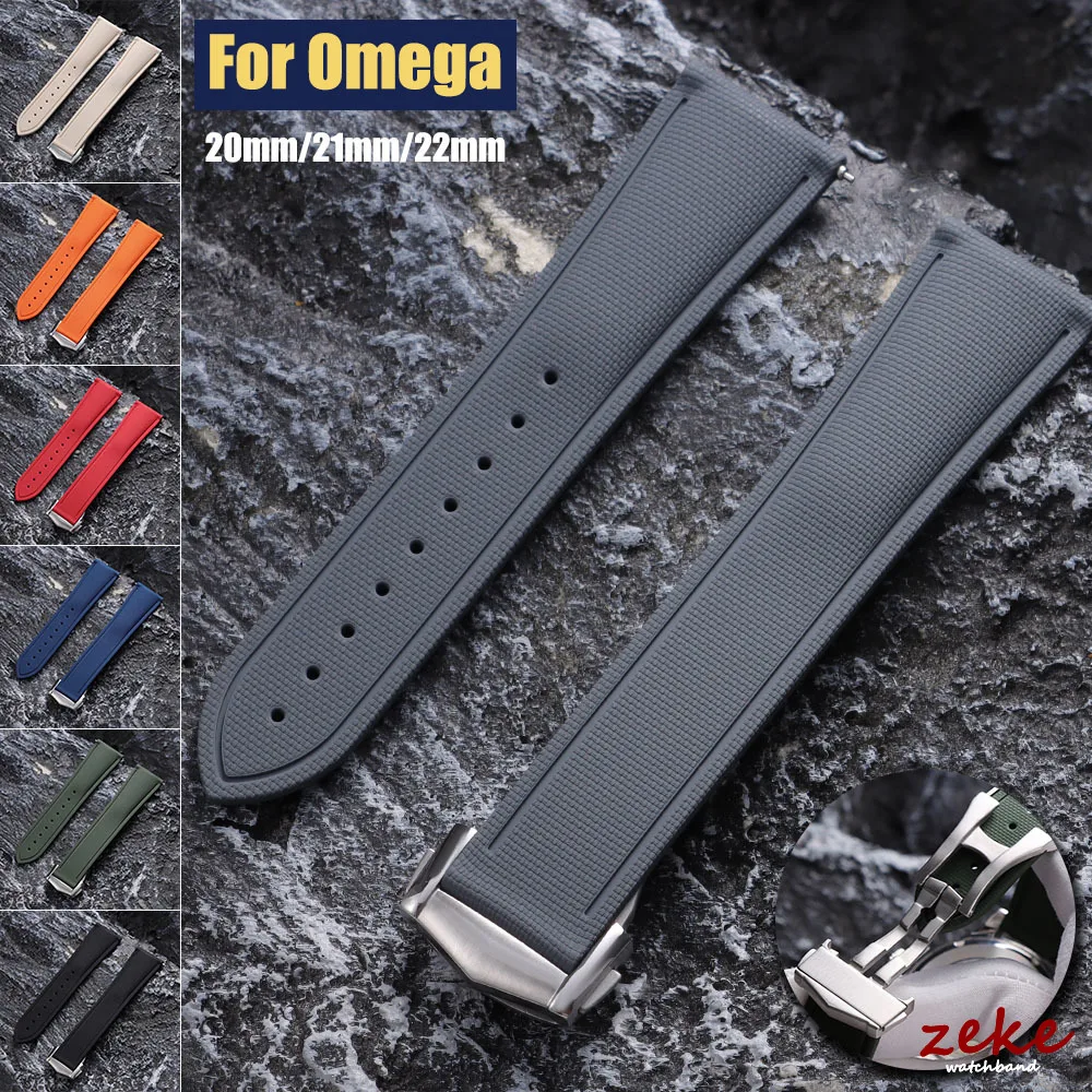 20mm 21mm 22mm FKM Rubber Watch Straps for Omega Men's Luxury Woven Pattern Waterproof Sports Watch Band with Deployant Buckle