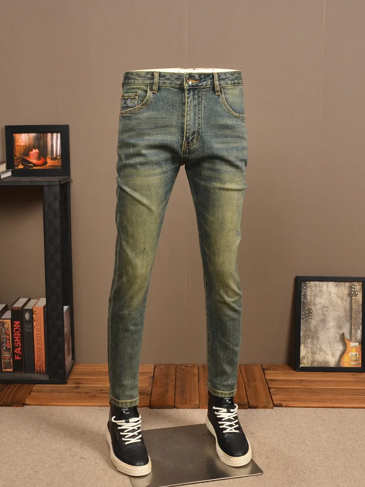 2024 Spring Retro Worn Jeans Men's Tight Stretch High Street Washed Yellow Mud Color Skinny Men's Clothing Retro Pants