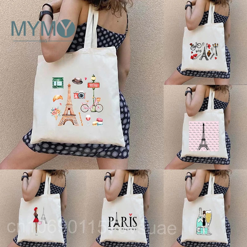 Vintage Eiffel Tower Paris France Girl Shoulder Bags Women Large Capacity Casual Tote Female Shopping Bag Canvas Travel Handbag