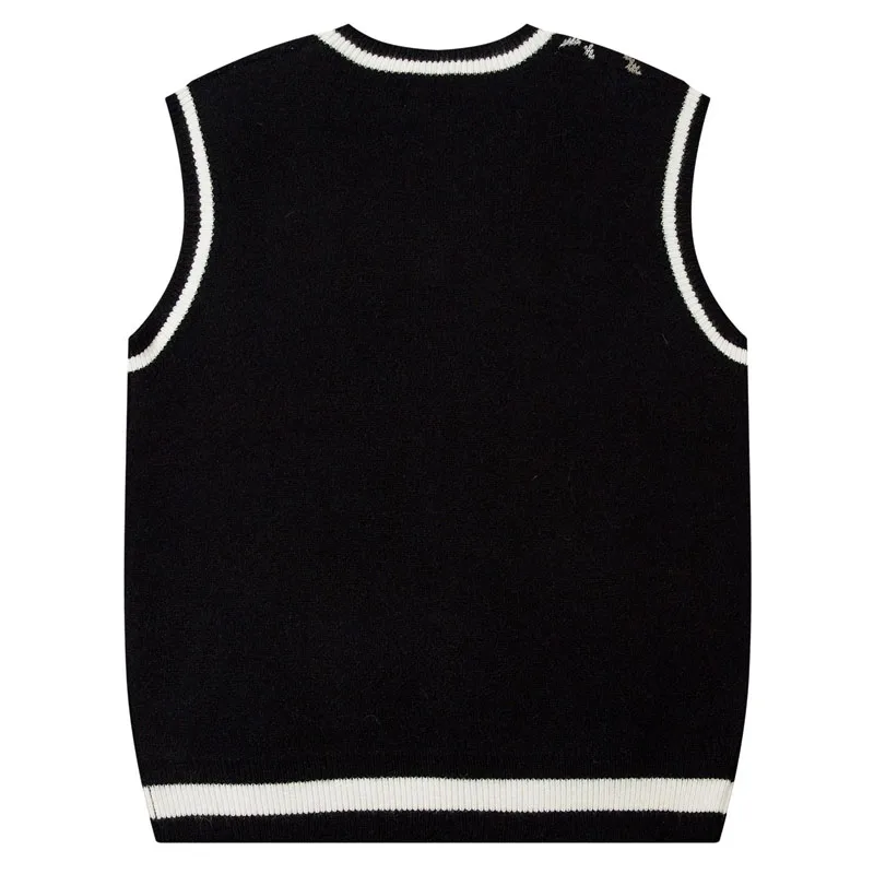 Japanese V-neck Sleeveless Sweater Men Star Print College Style Casual Knitted Vest Women Harajuku Loose Pullover Jumpers Winter