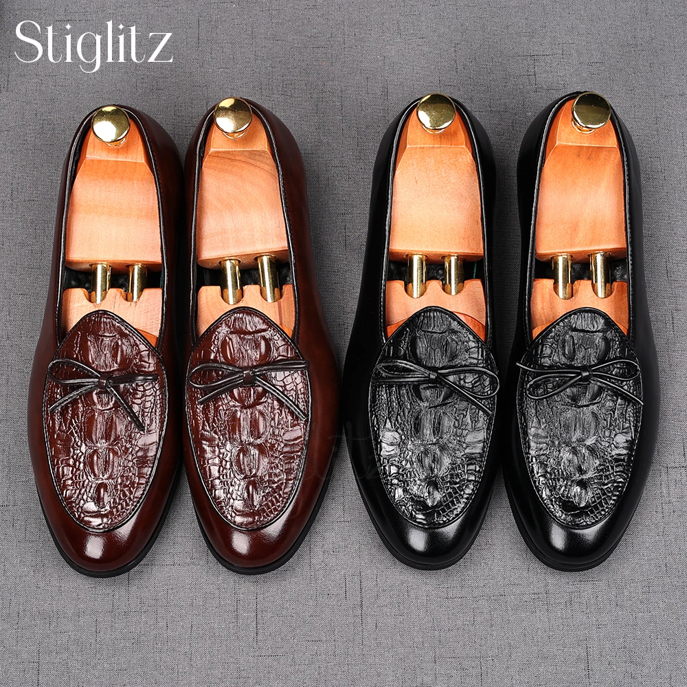 

Crocodile Leather Textured Faux Leather Shoes for Men Almond Toe Business Loafers Luxury Handmade Leather Men Shoes for Wedding