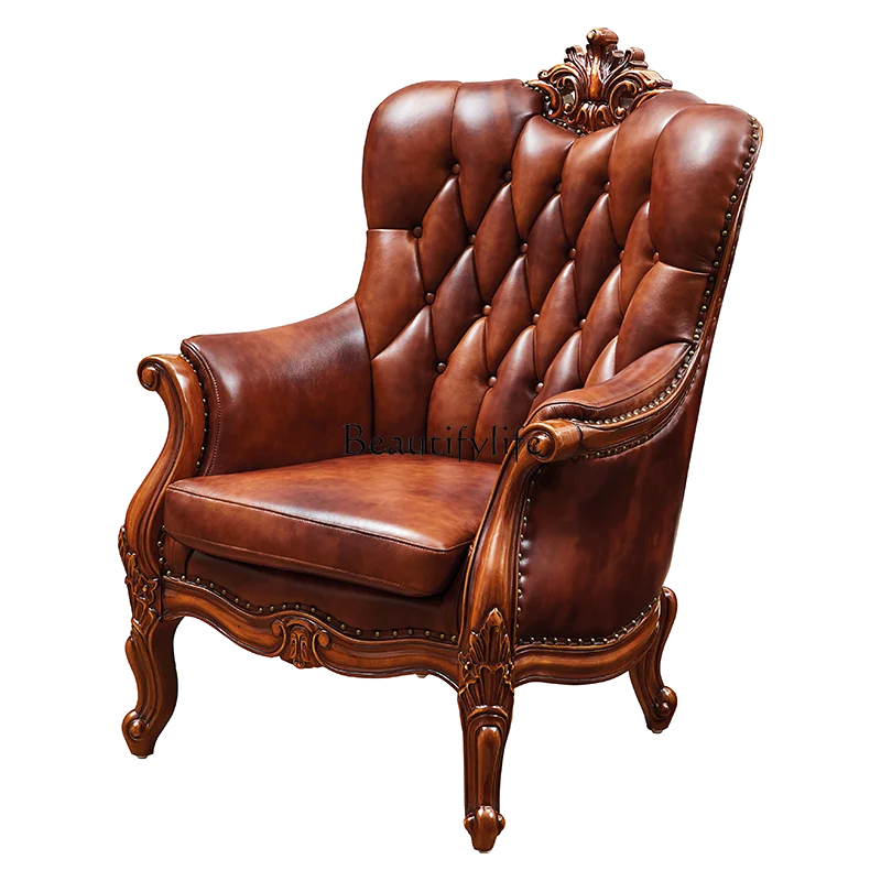 

American solid wood casual European retro leather tiger chair sofa chair lazy
