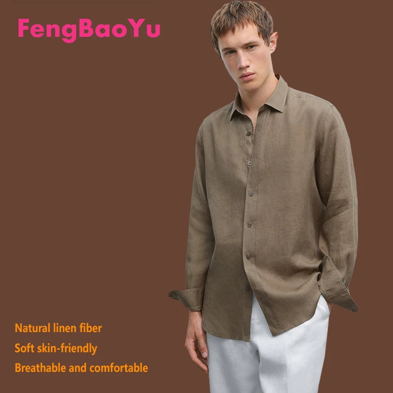 

100% Natural Linen Men's Shirt, Solid-colored Lapel Long-sleeved Simple Top, Casual Comfortable Clothing Suitable Spring Autumn