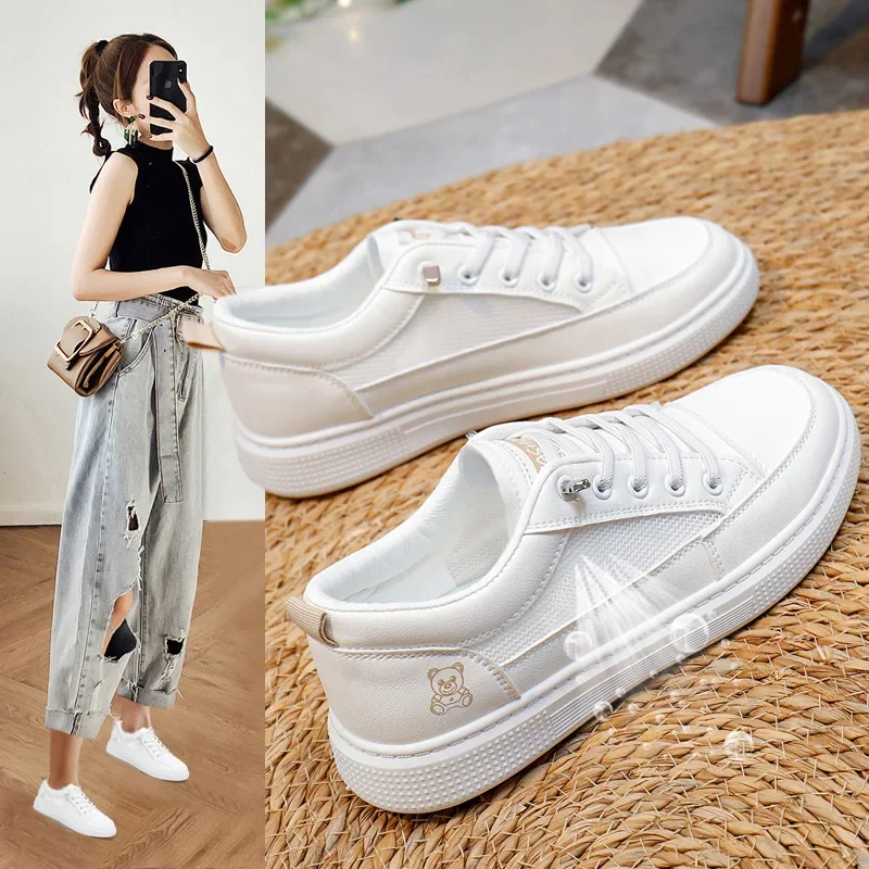 

New summer versatile explosion mesh breathable casual sneakers leather white shoes women's